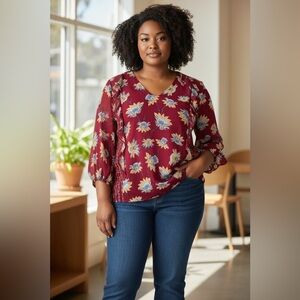 Elle Burgundy Floral V-Neck Blouse